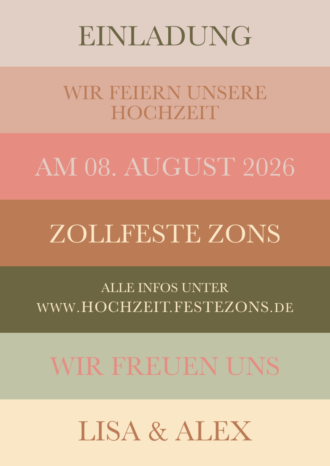 Einladung zur Hochzeit von Lisa und Alex am 08. August 2026 in der Zollfeste Zons